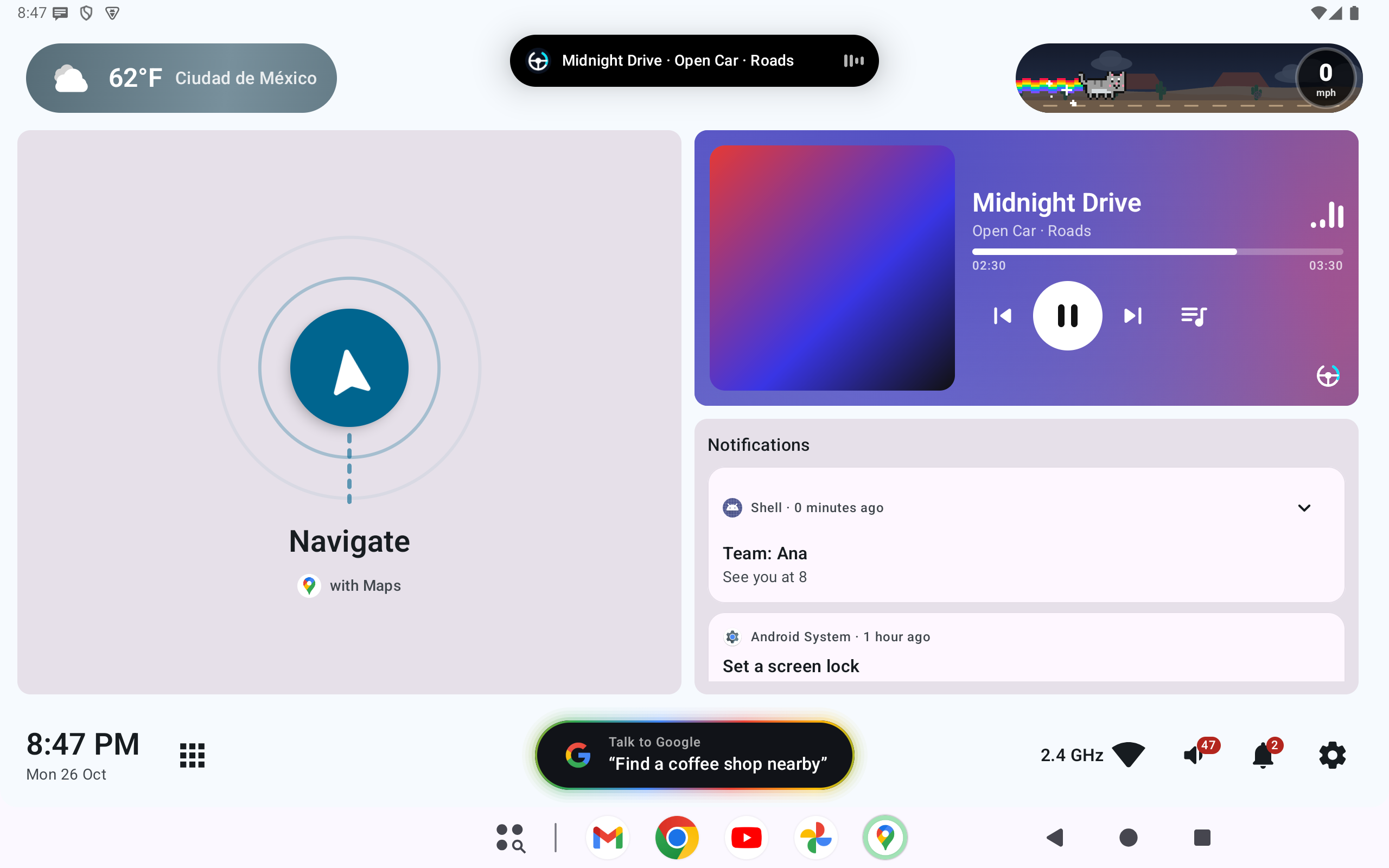 Open Car Project home screen with weather, music, speed scene, navigation and dock
