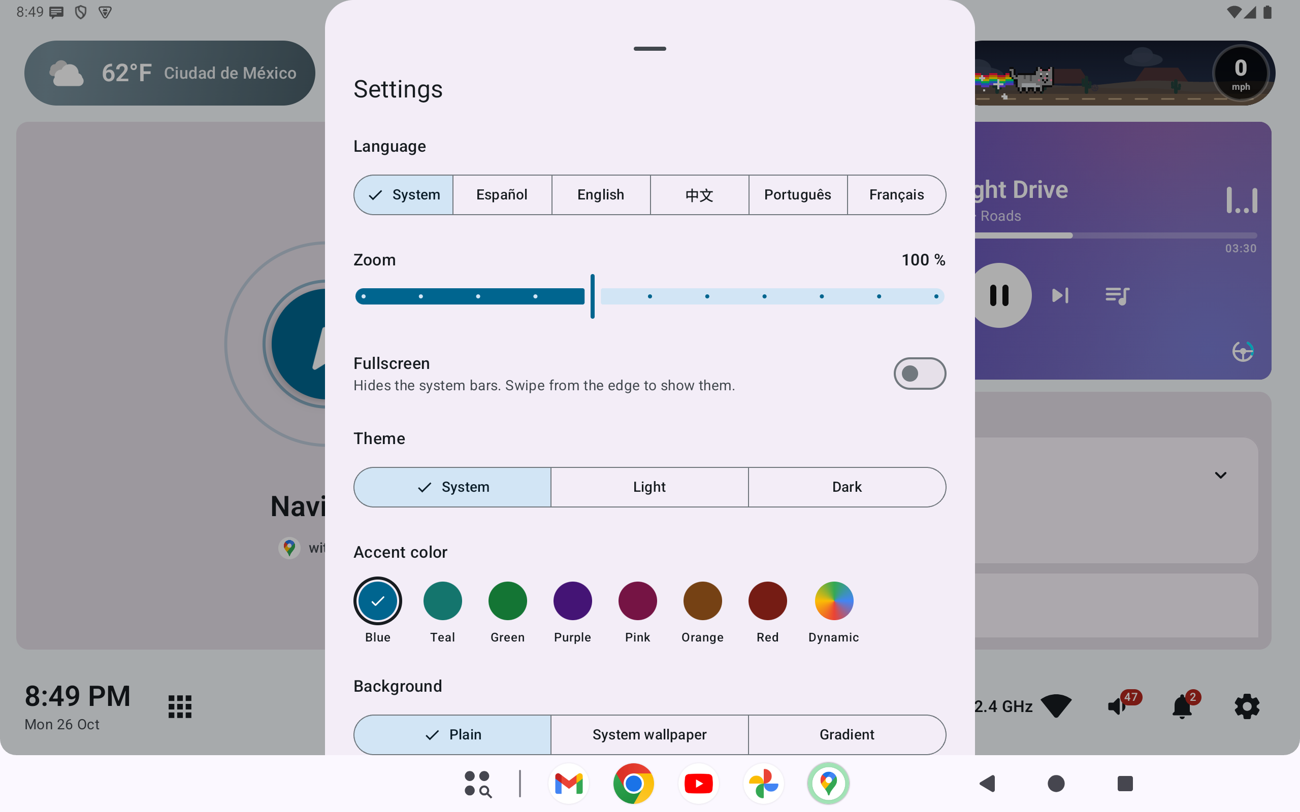 Settings: language, zoom, theme, accent and background